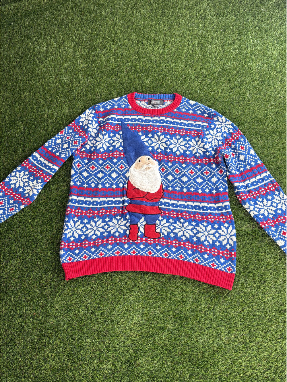 33Degrees Blue Red and White Christmas Gnome Sweater
